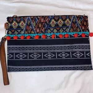 Mix No. 6 Black Beaded Pom-Pom Wristlet Clutch